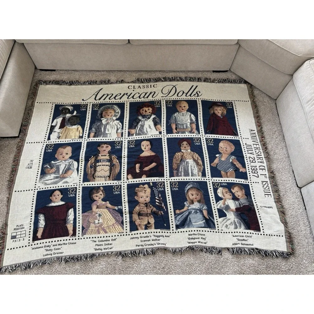 Vtg USPS 1990s Classic American Dolls Tapestry Blanket Collectible Fringe 68x51